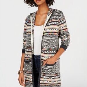 Monteau Intarsia Knit Hooded Duster Cardigan Size Medium